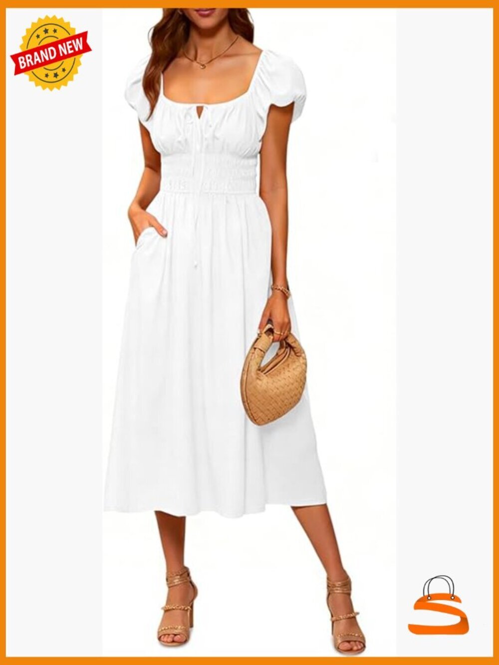 Women's Summer Midi Dress Short Puff Sleeve Scoop Neck A Line with Pockets